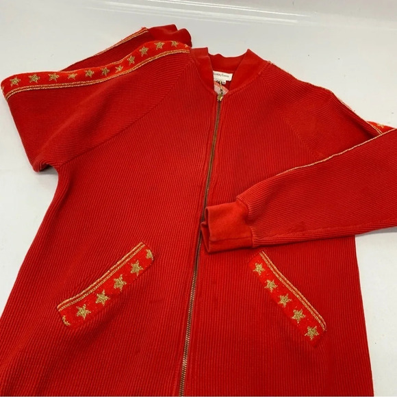 Vtg Neiman Marcus Thermal Waffle Knit Red Sweatshirt Woman M Zip Gold Trim USA - Picture 6 of 11